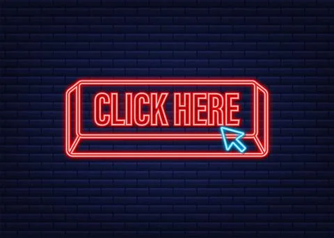 Click here button with hand pointer clicking. Neon icon. Vector stock Illustrazione stock