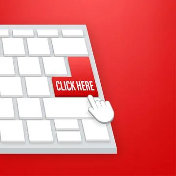 Click here button with hand pointer clicking. Vector stock illustration. Illustrazione stock