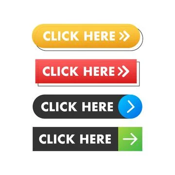 Click here button with hand pointer clicking. Vector stock illustration. Illustrazione stock