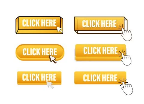 Click here Button with pointer clicking. Click here web buttons set. User Stock Illustration