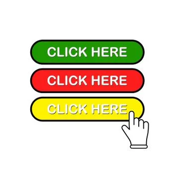 Click here button in red, green and yellow with mouse pointer, hand clicks or 스톡 일러스트