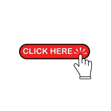 Click here button in red with mouse pointer, hand clicks or hand cursor icon  Stock Illustration