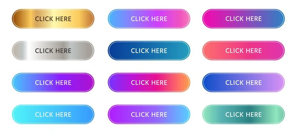 Click here button rounded call to action in gradient vibrant color set Stock Illustration