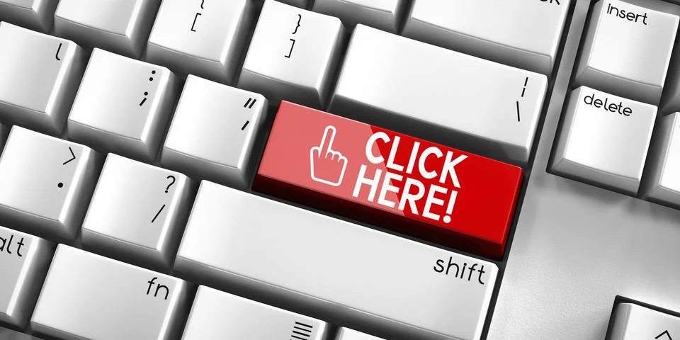 Click here - computer keyboard - 3D illustration Illustrazione stock
