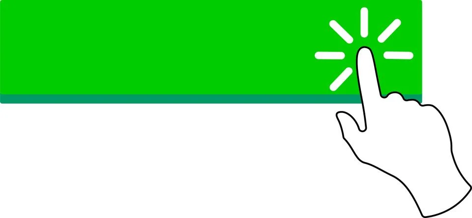 Click here green button shape with hand pointer Illustrazione stock