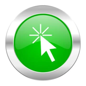 Click here green circle chrome web icon isolated. Stock Illustration