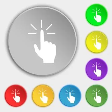 Click here hand icon sign. Symbols on eight flat buttons. Vector Illustrazione stock