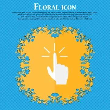 Click here hand icon sign. Floral flat design on a blue abstract background w Stock Illustration