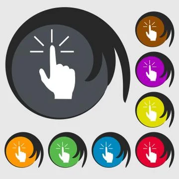 Click here hand icon sign. Symbols on eight colored buttons. Stock Illustration