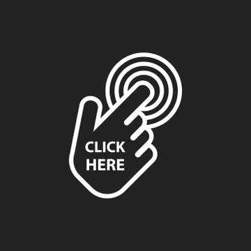 Click here icon. Hand cursor signs. White button flat vector illustration. Stock Illustration