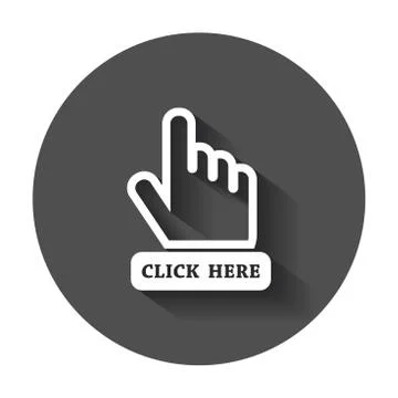 Click here icon. Hand cursor signs. Black button flat vector illustration wit Stock Illustration
