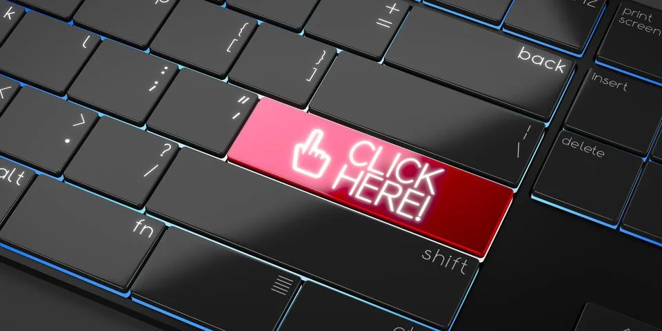 Click here - modern computer keyboard - 3D illustration Illustrazione stock