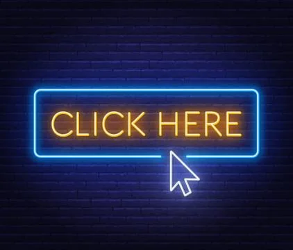 Click here neon sign on brick wall background. Stock Illustration