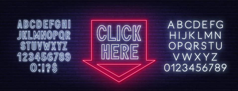Click here neon sign on brick wall background. Stock Illustration