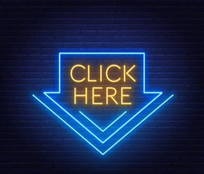 Click here neon sign on brick wall background. Illustrazione stock