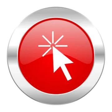 Click here red circle chrome web icon isolated. Stock Illustration