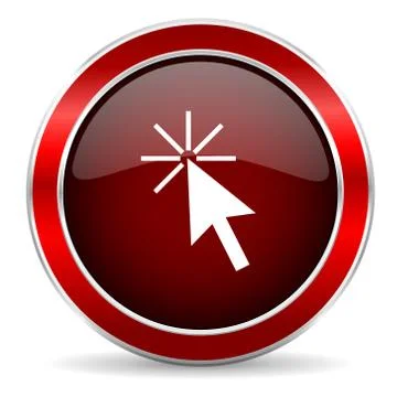 Click here red circle glossy web icon, round button with metallic border Stock Illustration