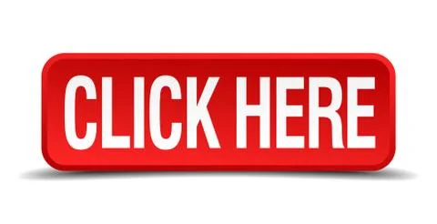 Click here red three-dimensional square button isolated on white background Illustrazione stock
