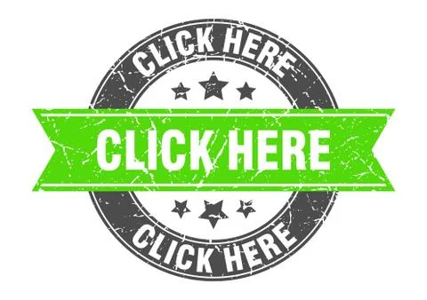 Click here round stamp with green ribbon. click here Stock Illustration