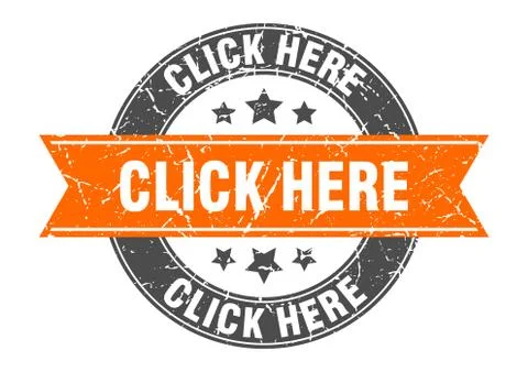 Click here round stamp with orange ribbon. click here Stock Illustration