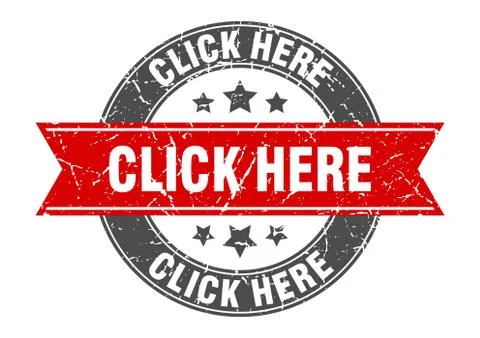 Click here round stamp with red ribbon. click here Stock Illustration