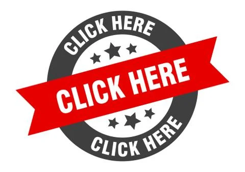 Click here sign. click here black-red round ribbon sticker Stock Illustration