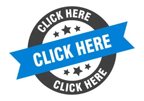 Click here sign. click here blue-black round ribbon sticker Stock Illustration