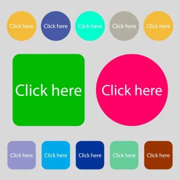 Click here sign icon. Press button. 12 colored buttons. Flat design. Vector Illustrazione stock