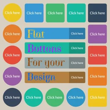 Click here sign icon. Press button. Set of twenty colored flat, round, square Illustrazione stock