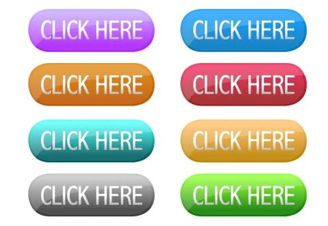 Click here web button in different colors isolated over a white background. Illustrazione stock