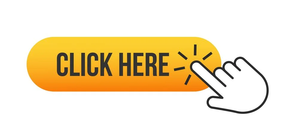 Click here. Yellow push button with a hand pointer clicking, representing call 스톡 일러스트