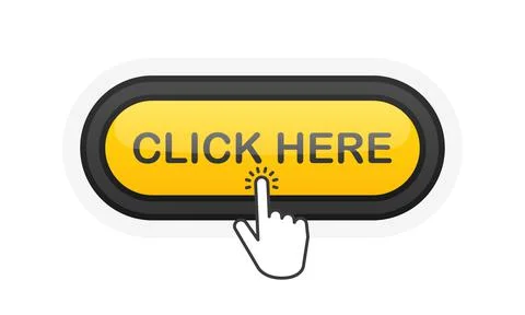 Click Here yellow realistic 3D button isolated on white background. Hand clic Ilustración de archivo