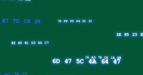 On click hex bytes sliding, zooming center, pulsing, fading, showing digital Stock Footage 329531656