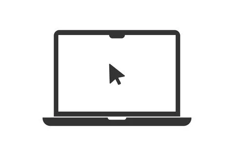 Click in laptop icon. Computer and mouse pointer illustration symbol. Sign .. Illustrazione stock