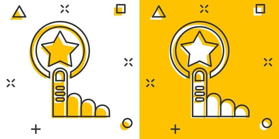 Click loyalty card icon in comic style. Hand on reward cartoon vector illustr Stock Illustration