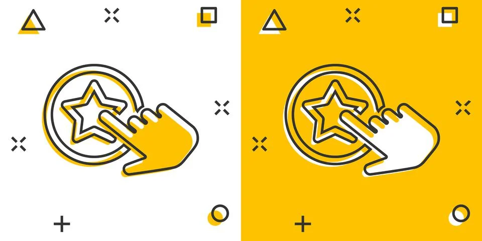 Click loyalty card icon in comic style. Hand on reward cartoon vector illustr Stock Illustration