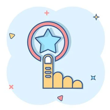 Click loyalty card icon in comic style. Hand on reward cartoon vector illustr Stock Illustration