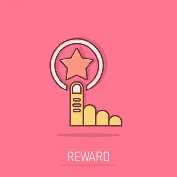 Click loyalty card icon in comic style. Hand on reward cartoon vector illus.. Stock Illustration