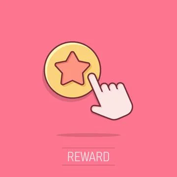 Click loyalty card icon in comic style. Hand on reward cartoon vector illus.. Stock Illustration