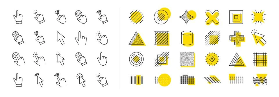 Click pointer line icons. Mouse cursor, hand finger and press here. Design Stock Illustration