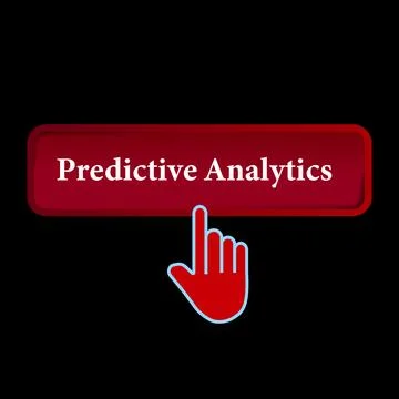 Click Rectangle Predictive Analytics button design, Finger pressing button .. Stock Illustration