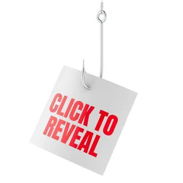 Click to reveal note on fishing hook, phishing concept. 3D rendering Stock Illustration