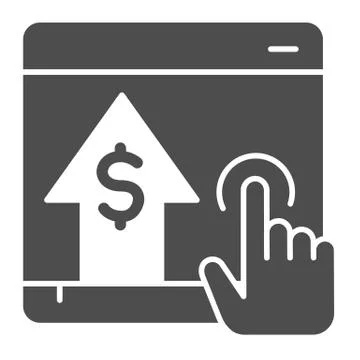 Click on screen and arrow solid icon. Dollar growth tablet with hand pointer Stock Illustration