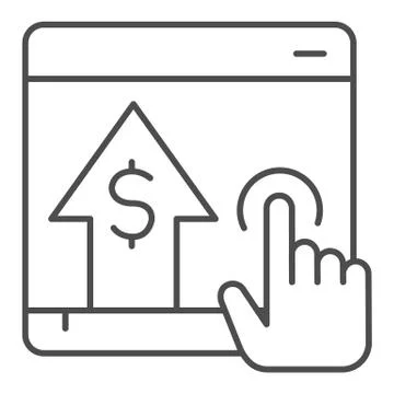 Click on screen and arrow thin line icon. Dollar growth tablet with hand pointer Stock Illustration