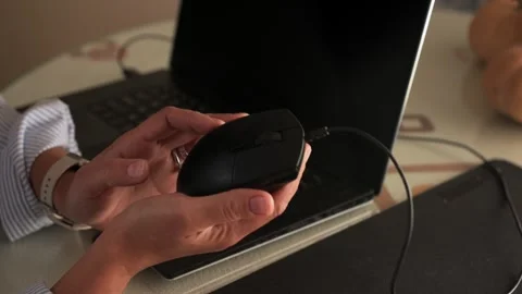 Click Sound As Hands Hold Wired Mouse Near Laptop During Setup Stock Footage 320065873