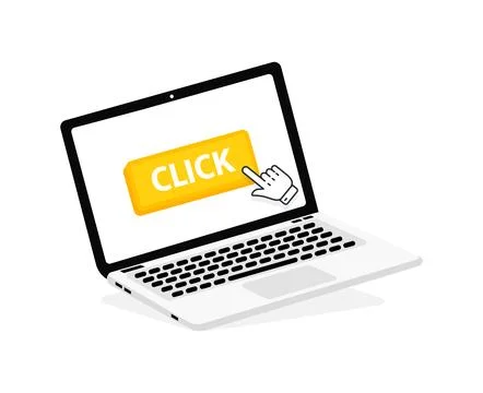 Click text on Laptop screen with a red button . Button with pointer clicking Stock-Illustration