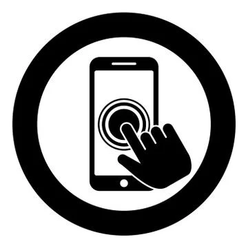 Click on touch screen smartphone Modern smartsphone with hand clicking on scr Illustrazione stock