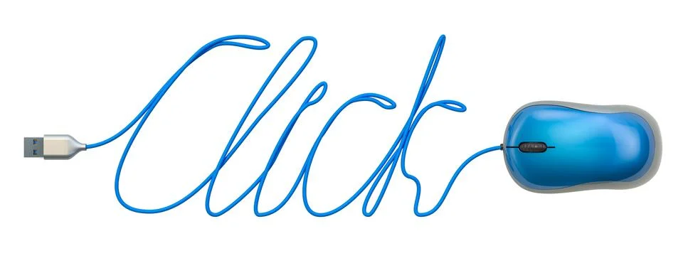 Click word from computer mouse cable, 3D rendering Illustrazione stock