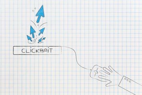 Clickbait button with group of mouse pointer clicks coming from it and laptop Stock Illustration