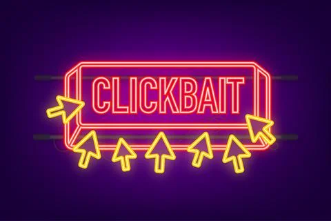 Clickbait red button. Hand click neon icon symbol. Cursor arrows, push button Stock Illustration